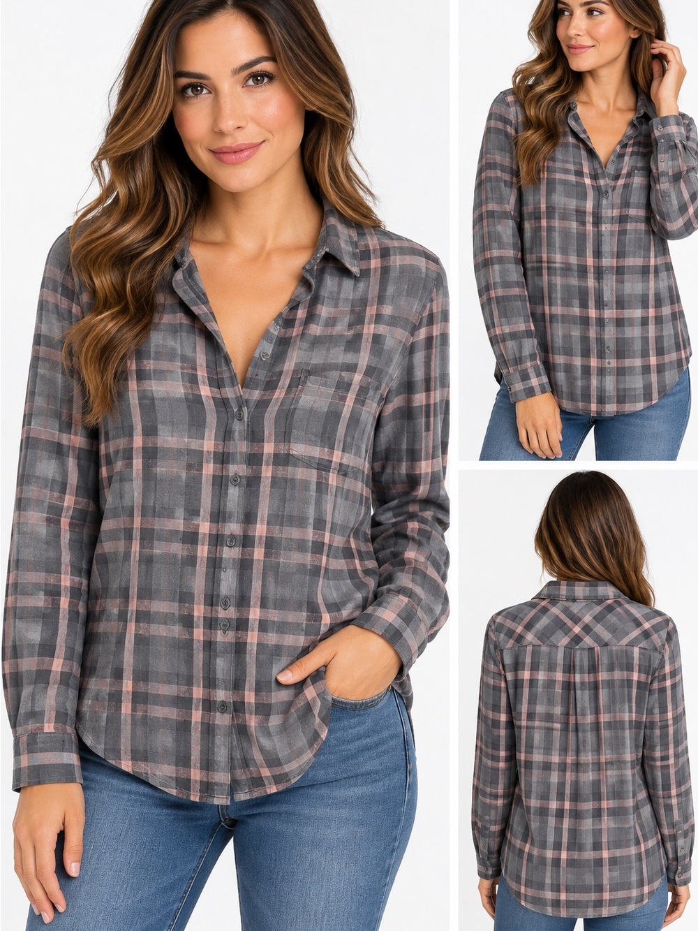 PAIGE Gray Plaid Button-Down Shirt with Pink Stripes pre-owned size M